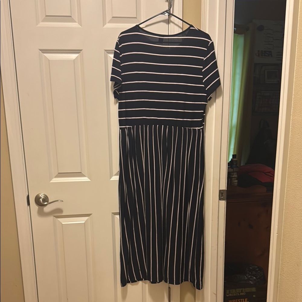 Blue and Gray Striped Casual Midi Sundress - Picture 5 of 5